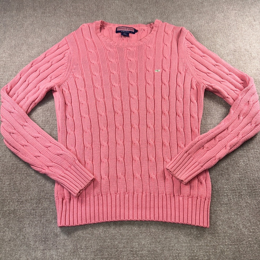 Vineyard Vines Pink Cable Knit Cotton Blend Whale Logo Sweater Large